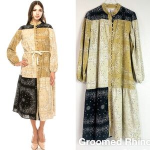 Yal New York Camel Patchwork Bandanna Print Shirt Dress Size L